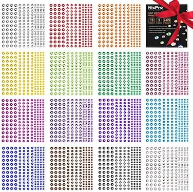 Nicpro Rhinestone Stickers 2475 Pcs, Self Adhesive Face Gems Stick On Body Jewels Crystal In 3 Size 15 Colors,15 Embellishments Sheet For Decorations Crafts Nail Makeup
