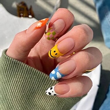 24 Pcs Coffin Press On Nails Long, Fake Nails Glue On Nails, Glossy False Nails With Glue, Acrylic Nails For Women And Girls (Colorful Stiletto)