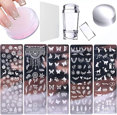 8 Pcs Nail Stamp Template Kit, With 1 Stamper 2 Clear Jelly Silicone Nail Stamper For Diy Nail Decor Easy French Style Nail Art Designs, Stencil Plates Set Manicure Supplies