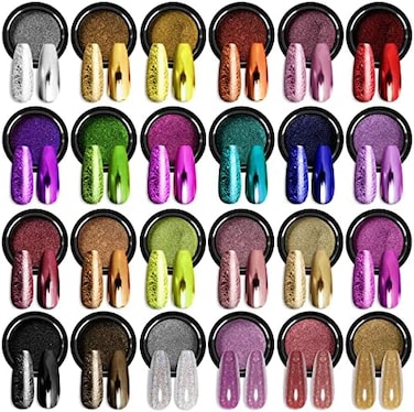 Saviland Chrome Nail Powder Set - 24 Colors Nail Art Powder Mirror Metallic Laser Holographic Effect Pigment Nail Glitter Manicure Decoration For Nail Salon Home Diy&amp;Christmas Gifts