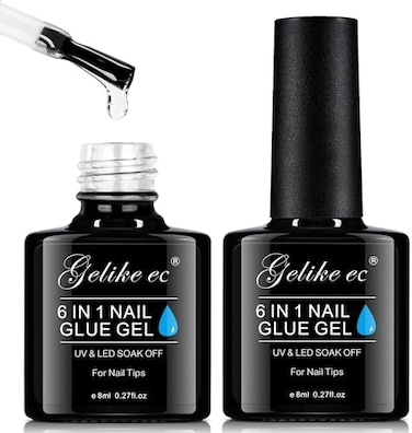 غراء جل الأظافر: قطعتان من طلاء الأظافر الجل اللاصق 6 في 1 من Geliek Ec لصالون التجميل - غراء أظافر قوي للضغط على الأظافر، نصائح أكريليك - هدية فتاة في عيد الحب للمنزل