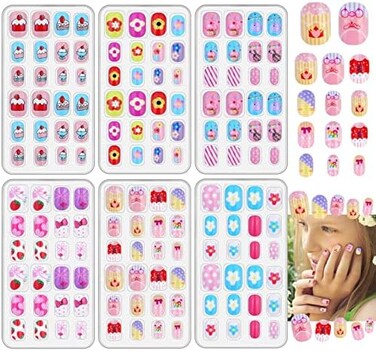 Acejoz 144 Pieces Kids Stick On Fake Nails For Girls, Little Girls Press On Nails Kids Acrylic Short Nail ReUSAble Full Cover Artificial Nails For Women Children Teenager Kids Nail Art Decoration
