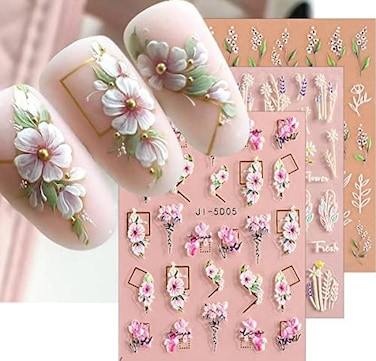 Jmeowio 3D Embossed Flower Leaves Nail Art Stickers Decals 4 Sheets 5D Self-Adhesive Pegatinas U&ntilde;as Summer Nail Supplies Nail Art Design Decoration Accessories
