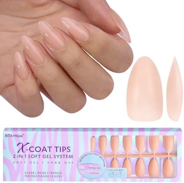 Btartbox Almond Press On Nails - Soft Gel Nail Tips Medium Xcoattips Natural With Base Color, Stronger Adhesion, Nude Pre-Shaped Ultra Fit Fake Nails For Daily Nail Extensions