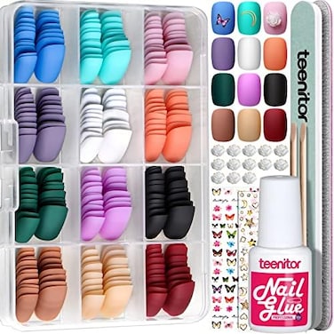 Teenitor Short Press On Nails Matte Acrylic Nails, 288Pcs Short Round Press On Nails Small Fake Nails, Short Matte False Nails With Glue, 12 Color Glue On Nails Short Stick On Nails For Small Hands