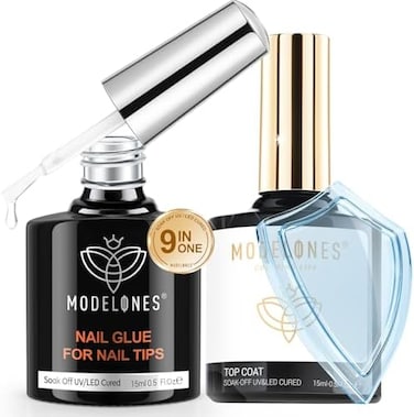 Modelones Gel Nail Glue No Wipe Top Coat Nails Kit 15 ml 9 In 1 Base Coat, Sticker,Adhesive For Nail Polish Nail Art Extension 2Pcs