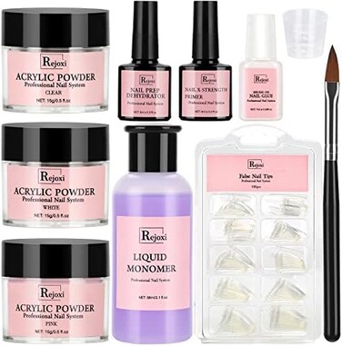 مجموعة أظافر أكريليك مع مجفف إعداد وبرايمر، وبودرة أظافر أكريليك ومجموعة سائلة، أطراف أظافر فرنسية شفافة وفرشاة غراء ومجموعة أدوات أظافر يمكنك صنعها بنفسك مع كل شيء
