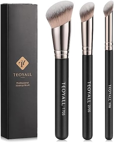 Teoyall Foundation Contour Conceal Brush Set, 3Pcs Angled Synthetic Kabuki Brush For Blending Setting Buffing With Liquid, Cream And Powder Cosmetic (170S/270S/370S)