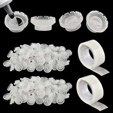 Lash Glue Ring Glue Cup [200Pcs] With 2 Slots For Lash Extension Supplies, Lash Glue Holder, Blossom Ring Cup With 2 Rolls Glue Point, Volume Fan Eyelash Extensions Supplies, Lashing Supplies Kit