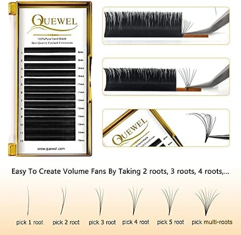 Quewel Thickness 0.07Mm Russian Volume Premade Fans Eyelash Extensions C/D Curl 8~15Mm 2D 3D 4D 5D 6D 7D 8D 10D 20D (0.07D, 14Mm)