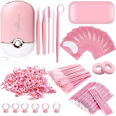 267 Pcs Eyelash Extension Supplies Lash Extension Kit USB Air Conditioning Blower,Silicone Pad,Under Eye Gel Pads,Mini Makeup Mirror,Tapes,Tweezers,Glue Rings,Eyelash Brushes,Mini Applicator