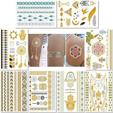 وشم معدني مؤقت للفتيات والنساء المراهقات - 8 أوراق 100+ وشم مؤقت ذهبي وفضي وتصميمات وشم لامعة لامعة وشم مجوهرات - ملصقات وشم ملونة وهمية مقاومة للماء
