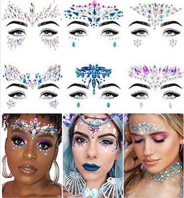Face Jewels - Face Gems, Mermaid Face Jewels Stick On, Rave Accessories For Mardi Gras Costumes &amp; Coachella Clothes, 6 Pcs