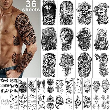 Yazhiji 36 Sheets Temporary Tattoos Stickers, 12 Sheets Fake Body Arm Chest Shoulder Tattoos For Men Or Women With 24 Sheets Tiny Black Tattoos