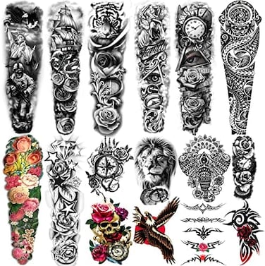 Yazhiji Extra Large Temporary Tattoos 8 Sheets Full Arm Fake Tattoos And 8 Sheets Half Arm Tattoo Stickers For Men And Women (22.83"X7.1")