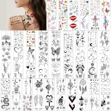 Yazhiji 60 Sheets Tiny Waterproof Temporary Tattoos, Moon Stars Constellations Music Compass Anchor Words Lines Flowers For Kids Adults Men And Women