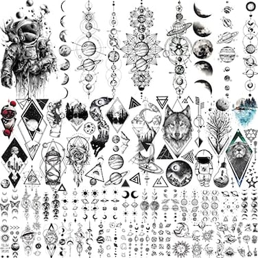 33 Sheets Outer Space Temporary Tattoos For Kids Boys Girl Women Men Adults Children, Geometry Astronaut Universe Fake Tattoo Star Moon Solar Syetem