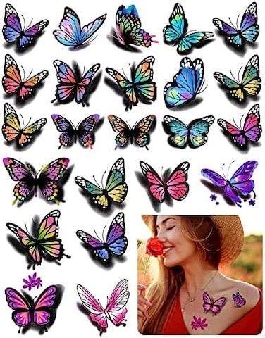 Zaugontw ملصقات وشم مؤقتة على شكل فراشات وزهور ثلاثية الأبعاد، وشم ملون على شكل رسوم للجسم للنساء والأطفال، 126 قطعة