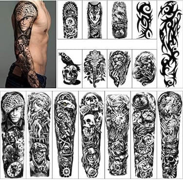 Yazhiji Full Arm Temporary Tattoos 8 Sheets And Half Arm Shoulder Waterproof Tattoos 8 Sheets, Extra Large Tattoo Stickers For Men And Women (22.83"X7.1")