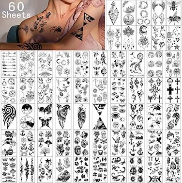 Yazhiji Waterproof Temporary Tattoos - 60 Sheets Tiny Fake Tattoo, Flowers Crowns Stars Animal Butterfly Collection Tats For Kids Adults Men And Women