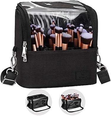 حقيبة فرش المكياج، حامل فرشاة المكياج، حقيبة سفر احترافية لمستحضرات التجميل، حقيبة تخزين للفنانين مع حزام كتف ومقسم قابل للتعديل (أسود كبير)