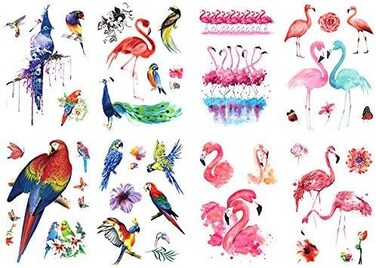 8 ورقات من Oottati ملصقات للوشم المؤقت على الذراع والساق، فلامنغو، الببغاء، الطاووس، الزوجين الورديين