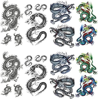 وشم Yesallwas Dragon المؤقت للرجال والمراهقين (8 ورقات)، ملصقات وشم وهمية مقاومة للماء تدوم طويلاً للأذرع والأكتاف والصدر والظهر وشم راكبي الدراجات 9 سم × 19 سم / 3.54 × 7.48 بوصة (طول × عرض)