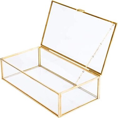 Levilan Golden Vintage Glass Lidded Box Edge Bracelet Keepsake Decorative Jewelry Display Personalized Large Clear Rectangle Box Rings Bracelet Golden Organizer Home Decor (8X4.5X2In)