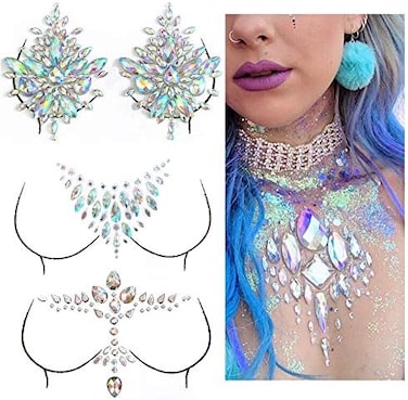 Mangoit Breast Jewels Tattoo Rhinestone Chest Sticker Temporary Tattoo Glitter Breast Body Gems Tattoo Sticker Body Art Decor Jewel Paste For Festival Makeup(3 Sets)
