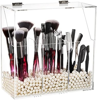 Okllen Makeup Brush Holder With Dustproof Lid, White Pearls, Acrylic Clear Makeup Brush Organizer With 3 Compartment, Large Cosmetic Brush Storage Box Case For Vanity, Bathroom, Bedroom