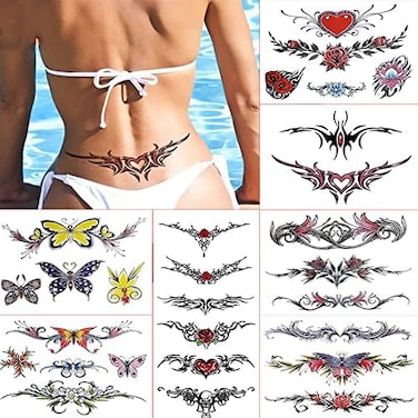 8 Sheets Belly Tattoos Stickers Temporary Fun Waist Cover Scar Female Tattoo Waterproof For Female Women And Girls
