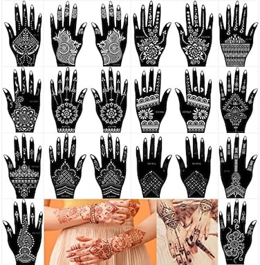 مجموعة وشم الحناء 20 ورقة من Xmasir استنسل لليد، استنسلات البخاخة المؤقتة القابلة لإعادة الاستخدام، ملصقات عربية لفن طلاء الجسم (20 قطعة-1)