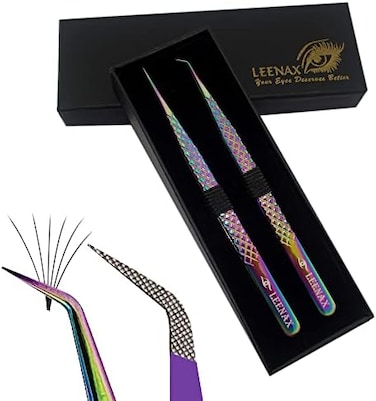 Eyelash Extension Tweezers Set Of 2 Pieces Straight &amp; Curved With Diamond Grip, Rainbow Colour,14Cm, Volume Tweezers, Lash Extension Precision Tweezers.