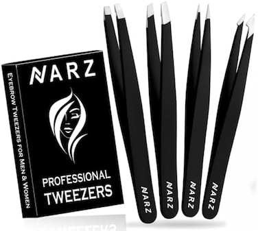 Narz Professional Facial Hair Tweezers (4 Pcs) - Stainless Steel Precision Tweezers For Ingrown Hair Removal