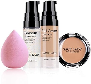 خافي عيوب البشرة بتغطية كاملة مقاوم للماء مع مجموعة إسفنجة برايمر، طقم مكياج مصحح كريم أساس سائل ناعم غير لامع لا تشوبه شائبة للوجه والعين والهالات السوداء وغطاء ندبات حب الشباب (0.2 مل، طبيعي فاتح)