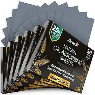 Zorom's Natural Blotting Paper For Oily Skin With Bamboo Charcoal - 25% Larger - 6Pk/600 Oil Blotting Sheets For Face - Makeup Friendly - Easy To Grab One