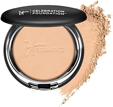 It Cosmetics Celebration Foundation, Medium Tan (W) - Full-Coverage, Anti-Aging Powder Foundation - Blurs Pores, Wrinkles &amp; Imperfections - With Hydrolyzed Collagen &amp; Hyaluronic Acid - 0.3 Oz Compact