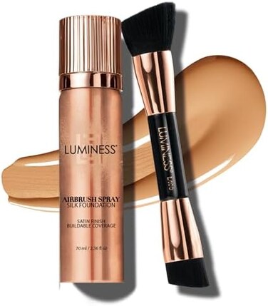 Luminess Silk Airbrush Spray Foundation &amp; Buffing Brush Kit &ndash; Full Coverage Foundation &amp; Dual-Sided Buffing Brush - Buildable Coverage, Anti-Aging Formula Hydrates &amp; Moisturizes (Shade - Medium)