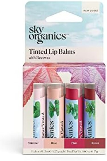 بلسم شفاه ملون عضوي من سكاي أورجانيكس - 4 عبوات بألوان متنوعة - مع شمع العسل وزيت جوز الهند وزبدة الكاكاو وفيتامين هـ - مرطب الشفاه بالنعناع للشفاه الجافة والمتشققة - مرطب الشفاه الملون.