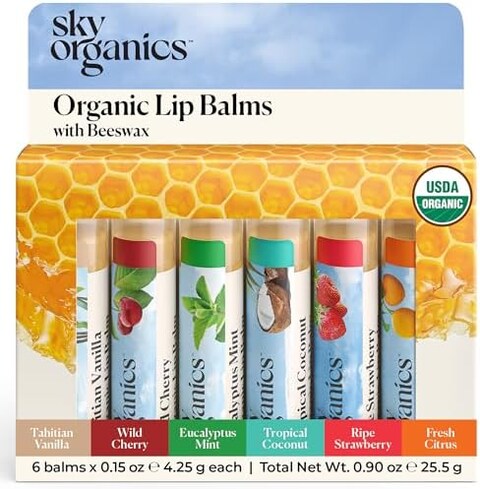 Usda Organic Lip Balm By Sky Organics &ndash; 6 Pack Assorted Flavors &ndash; With Beeswax, Coconut Oil, Vitamin E. Best Lip Butter Chapstick For Dry Lips- For Adults And Kids Lip Repair (Variety Pack Of 6)