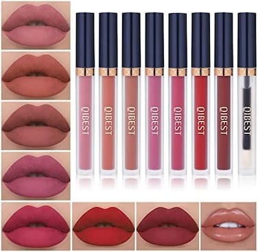 Qibest 7Pcs Matte Liquid Lipstick + 1Pcs Lip Plumper Makeup Set Kit, Pigmented Long Lasting Lip Gloss Set, Velvet Waterproof Lip Makeup Valentine's Day Gift Sets For Girls And Women