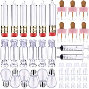 28 Pieces Transparent Empty Lip Gloss Tube Containers, Include 24 Pencil And Candy Shaped Lip Oil Bottles, Ice Cream And Funny Light Bulb Shaped Lip Balm Tube, 4 Plastic Syringe For Women Girls Diy