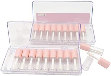 أنابيب ملمع شفاه وردية مع عصا زجاجات فارغة 3.5 مل حاويات ملمع شفاه صغيرة شفافة قابلة لإعادة الملء مجموعة أدوات صنع ملمع الشفاه وقمع وسدادات مطاطية (20 قطعة في صندوقين)