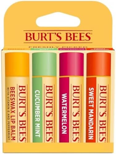 Burt's Bees Lip Balm Stocking Stuffers, Moisturizing Lip Care Christmas Gifts, Freshly Picked - Original Beeswax, Cucumber Mint, Watermelon, &amp; Sweet Mandarin, Natural Origin Treatment (4-Pack)