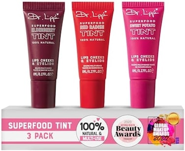 صبغات دكتور ليب سوبرفوود. 4 في واحد. ملمع الشفاه، لون الشفاه، أحمر الخدود، ملمع العين الملون. طبيعي 100%. 3 × 8 مل أنابيب.