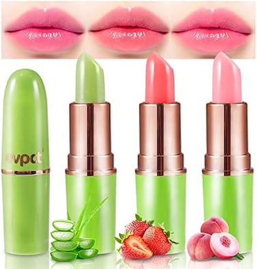 Evpct 3Pcs Aloe Vera Strawberry Peach Pink Color Changing Lipstick Tinted Lip Color Balm Gloss Tint Set Green Magic Ph Mood Kids Lipstick Color Changing Crystal Flower Jelly Lipstick Korean Makeup
