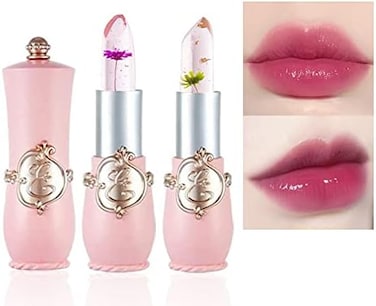 Bingbrush 2Pcs Color Changing Lipstick,Pink Crystal Flower Jelly Ph Mood Long Lasting Labiales Lip Care Moisturizer Lip Balm Korean Magic Lip Gloss Lip Tinted Stain Makeup Set For Women