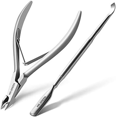 مستر جرين - ملاقط للزوائد اللحمية، مقص مانيكير للأظافر، أدوات تشذيب للزوائد اللحمية، مزيل الجلد الميت، قاطعات من الفولاذ المقاوم للصدأ، أداة تجميل مع أداة دفع