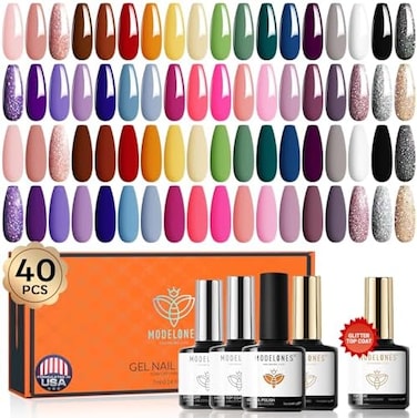 Modelones 40 Pcs Nail Polish Set, 36 Colors Fall Winter White Nude Brown Black Red Green Glitter Gel Kit With Base, Matte Glossy Top Coat &amp; LED Christmas Nail Art Diy Gift