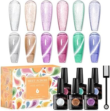 Meet Across Ice Cat Eye Gel Nail Polish Set Soak Off Uv LED Light Starry Sky Effect Magic Gel Nail Polish Kit Manicure Nail Art Gift Kit 6 Colors Free Magnet Stick